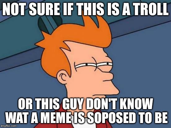 Futurama Fry Meme | NOT SURE IF THIS IS A TROLL OR THIS GUY DON'T KNOW WAT A MEME IS SOPOSED TO BE | image tagged in memes,futurama fry | made w/ Imgflip meme maker