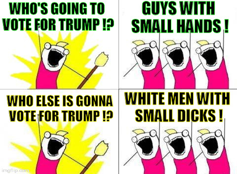 What Do We Want | WHO'S GOING TO VOTE FOR TRUMP !? GUYS WITH SMALL HANDS ! WHITE MEN WITH SMALL DICKS ! WHO ELSE IS GONNA VOTE FOR TRUMP !? | image tagged in memes,what do we want,trump,dumptrump,nevertrump,smalldick | made w/ Imgflip meme maker