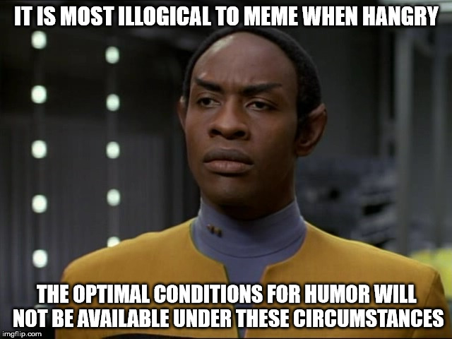 Don't Meme When Hangry | IT IS MOST ILLOGICAL TO MEME WHEN HANGRY; THE OPTIMAL CONDITIONS FOR HUMOR WILL NOT BE AVAILABLE UNDER THESE CIRCUMSTANCES | image tagged in tuvok,my templates challenge,bread crumbs,star trek,star trek voyager,memes | made w/ Imgflip meme maker