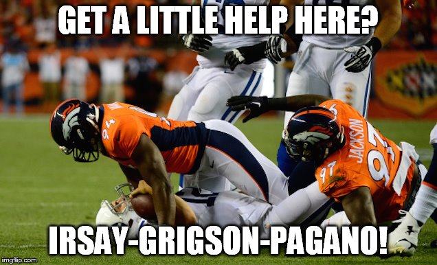 sacked qb | GET A LITTLE HELP HERE? IRSAY-GRIGSON-PAGANO! | image tagged in nfl memes,indianapolis colts,andrew luck,funny memes | made w/ Imgflip meme maker
