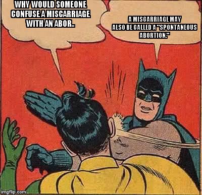 Batman Slapping Robin Meme | WHY WOULD SOMEONE CONFUSE A MISCARRIAGE WITH AN ABOR.. A MISCARRIAGE MAY ALSO BE CALLED A "SPONTANEOUS ABORTION." | image tagged in memes,batman slapping robin | made w/ Imgflip meme maker