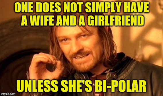 One Does Not Simply Meme | ONE DOES NOT SIMPLY HAVE A WIFE AND A GIRLFRIEND UNLESS SHE'S BI-POLAR | image tagged in memes,one does not simply | made w/ Imgflip meme maker