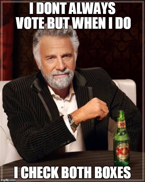 The Most Interesting Man In The World Meme | I DONT ALWAYS VOTE BUT WHEN I DO I CHECK BOTH BOXES | image tagged in memes,the most interesting man in the world | made w/ Imgflip meme maker