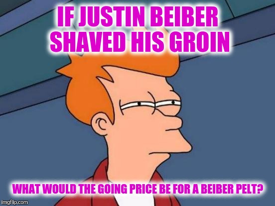 Futurama Fry Meme | IF JUSTIN BEIBER SHAVED HIS GROIN WHAT WOULD THE GOING PRICE BE FOR A BEIBER PELT? | image tagged in memes,futurama fry | made w/ Imgflip meme maker