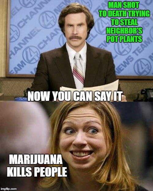 Pot kills, lol | MAN SHOT TO DEATH TRYING TO STEAL NEIGHBOR'S POT PLANTS; NOW YOU CAN SAY IT; MARIJUANA KILLS PEOPLE | image tagged in marijuana,chelsea clinton,pot,reefer | made w/ Imgflip meme maker