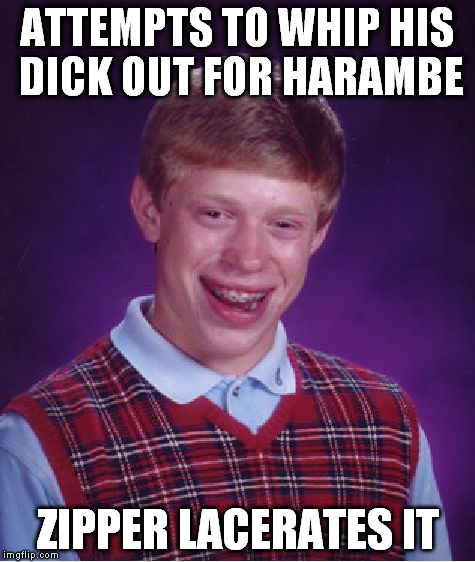 Bad Luck Brian Meme | ATTEMPTS TO WHIP HIS DICK OUT FOR HARAMBE ZIPPER LACERATES IT | image tagged in memes,bad luck brian | made w/ Imgflip meme maker