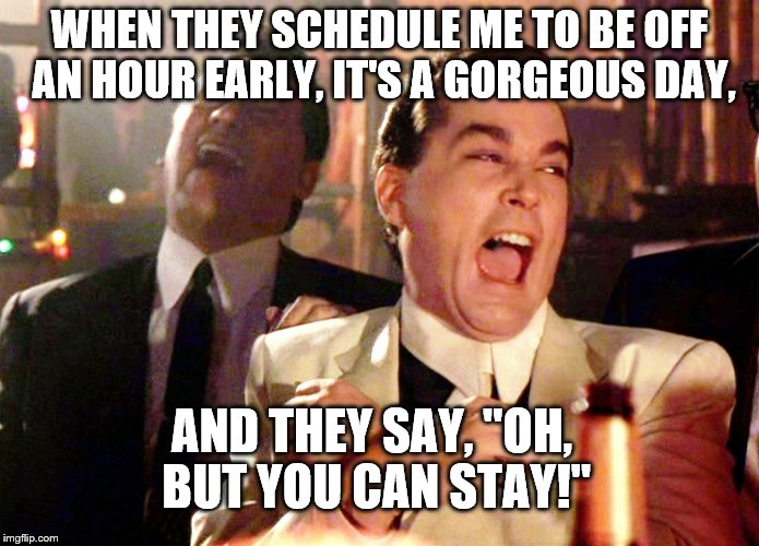 Good Fellas Hilarious Meme | WHEN THEY SCHEDULE ME TO BE OFF AN HOUR EARLY, IT'S A GORGEOUS DAY, AND THEY SAY, "OH, BUT YOU CAN STAY!" | image tagged in memes,good fellas hilarious,work | made w/ Imgflip meme maker