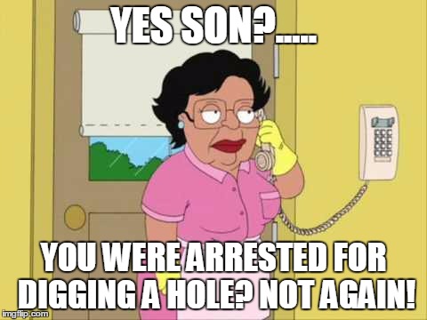 Consuela | YES SON?..... YOU WERE ARRESTED FOR DIGGING A HOLE? NOT AGAIN! | image tagged in memes,consuela | made w/ Imgflip meme maker