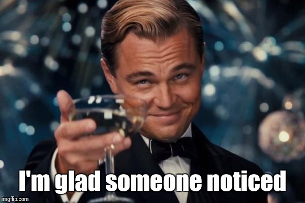 Leonardo Dicaprio Cheers Meme | I'm glad someone noticed | image tagged in memes,leonardo dicaprio cheers | made w/ Imgflip meme maker