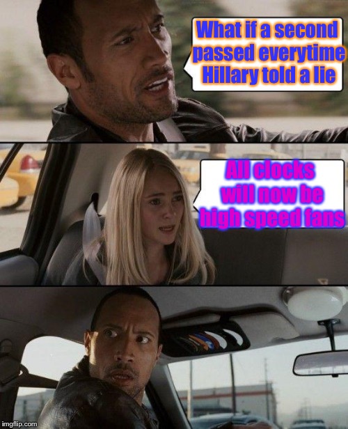 The Rock Driving | What if a second passed everytime Hillary told a lie; All clocks will now be high speed fans | image tagged in memes,the rock driving | made w/ Imgflip meme maker