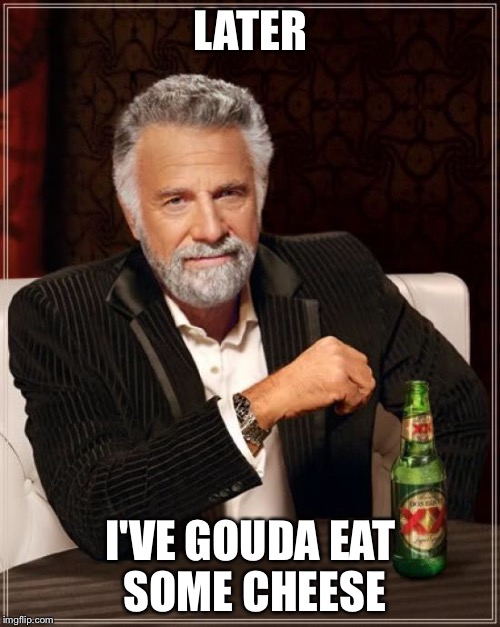 The Most Interesting Man In The World Meme | LATER I'VE GOUDA EAT SOME CHEESE | image tagged in memes,the most interesting man in the world | made w/ Imgflip meme maker
