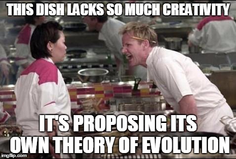 Angry Chef Gordon Ramsay | THIS DISH LACKS SO MUCH CREATIVITY; IT'S PROPOSING ITS OWN THEORY OF EVOLUTION | image tagged in memes,angry chef gordon ramsay | made w/ Imgflip meme maker