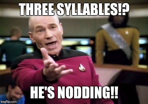 Picard Wtf Meme | THREE SYLLABLES!? HE'S NODDING!! | image tagged in memes,picard wtf | made w/ Imgflip meme maker