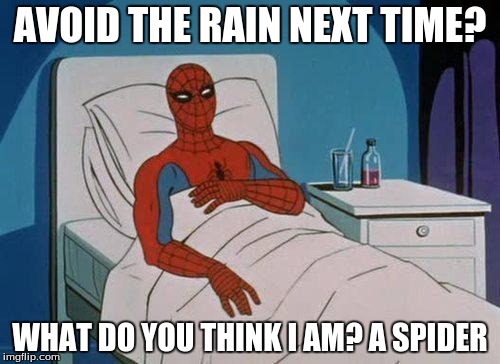 "Spider"man |  AVOID THE RAIN NEXT TIME? WHAT DO YOU THINK I AM? A SPIDER | image tagged in memes,spiderman hospital,spiderman,idiot,wtf,stupid | made w/ Imgflip meme maker
