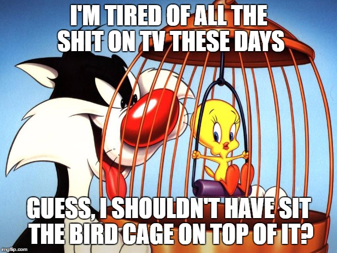 Crap On Television | I'M TIRED OF ALL THE SHIT ON TV THESE DAYS; GUESS, I SHOULDN'T HAVE SIT THE BIRD CAGE ON TOP OF IT? | image tagged in television,bird cage,angry birds,oh shit,shit happens,shitstorm | made w/ Imgflip meme maker