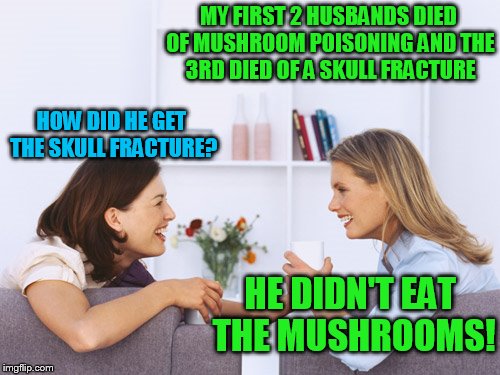 Women talking | MY FIRST 2 HUSBANDS DIED OF MUSHROOM POISONING AND THE 3RD DIED OF A SKULL FRACTURE; HOW DID HE GET THE SKULL FRACTURE? HE DIDN'T EAT THE MUSHROOMS! | image tagged in women talking | made w/ Imgflip meme maker