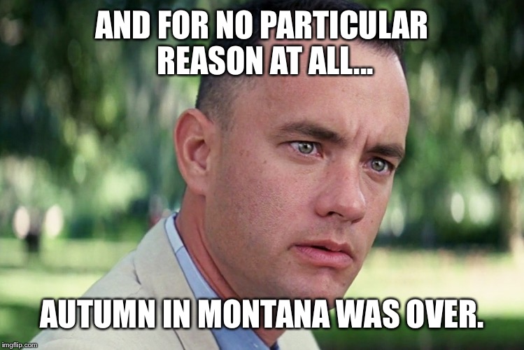 AND FOR NO PARTICULAR REASON AT ALL... AUTUMN IN MONTANA WAS OVER. | image tagged in forrest gump | made w/ Imgflip meme maker