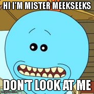 Meseeks | HI I'M MISTER MEEKSEEKS; DON'T LOOK AT ME | image tagged in meseeks | made w/ Imgflip meme maker