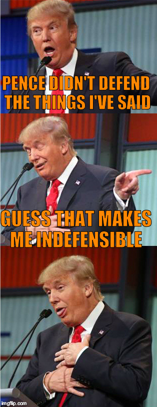 Bad Pun Trump | PENCE DIDN'T DEFEND THE THINGS I'VE SAID; GUESS THAT MAKES ME INDEFENSIBLE | image tagged in bad pun trump | made w/ Imgflip meme maker