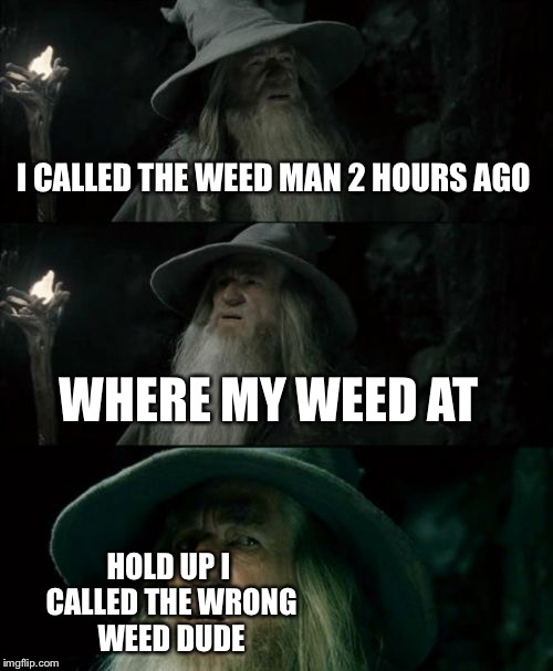 Confused Gandalf | I CALLED THE WEED MAN 2 HOURS AGO; WHERE MY WEED AT; HOLD UP I CALLED THE WRONG WEED DUDE | image tagged in memes,confused gandalf | made w/ Imgflip meme maker