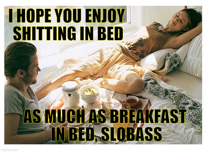 I HOPE YOU ENJOY SHITTING IN BED; AS MUCH AS BREAKFAST IN BED, SLOBASS | image tagged in breakfast,breakfastinbed,slob,slobass,lazy,bed | made w/ Imgflip meme maker
