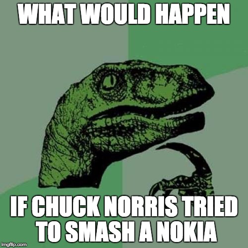 Philosoraptor | WHAT WOULD HAPPEN; IF CHUCK NORRIS TRIED TO SMASH A NOKIA | image tagged in memes,philosoraptor | made w/ Imgflip meme maker