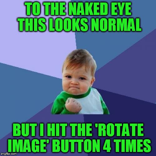Juicydeath1025 inspired | TO THE NAKED EYE THIS LOOKS NORMAL; BUT I HIT THE 'ROTATE IMAGE' BUTTON 4 TIMES | image tagged in memes,success kid | made w/ Imgflip meme maker