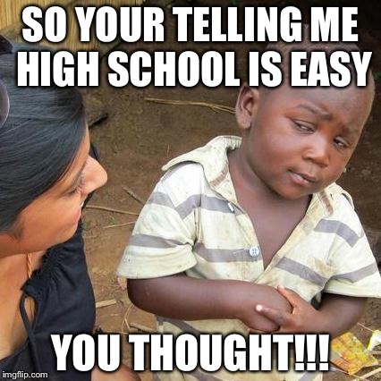 Third World Skeptical Kid | SO YOUR TELLING ME HIGH SCHOOL IS EASY; YOU THOUGHT!!! | image tagged in memes,third world skeptical kid | made w/ Imgflip meme maker