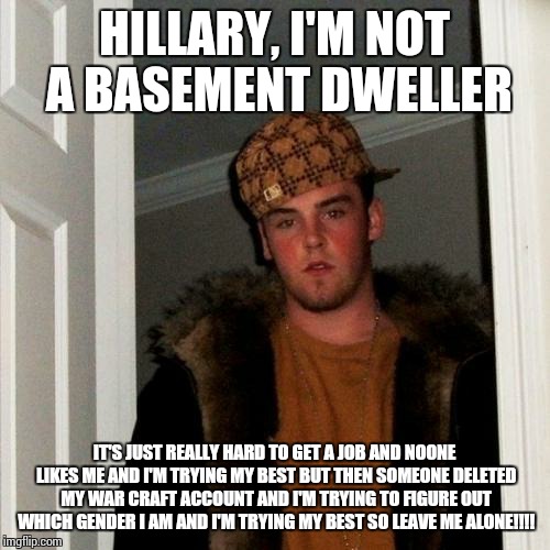 Scumbag Steve Meme | HILLARY, I'M NOT A BASEMENT DWELLER; IT'S JUST REALLY HARD TO GET A JOB AND NOONE LIKES ME AND I'M TRYING MY BEST BUT THEN SOMEONE DELETED MY WAR CRAFT ACCOUNT AND I'M TRYING TO FIGURE OUT WHICH GENDER I AM AND I'M TRYING MY BEST SO LEAVE ME ALONE!!!! | image tagged in memes,scumbag steve | made w/ Imgflip meme maker
