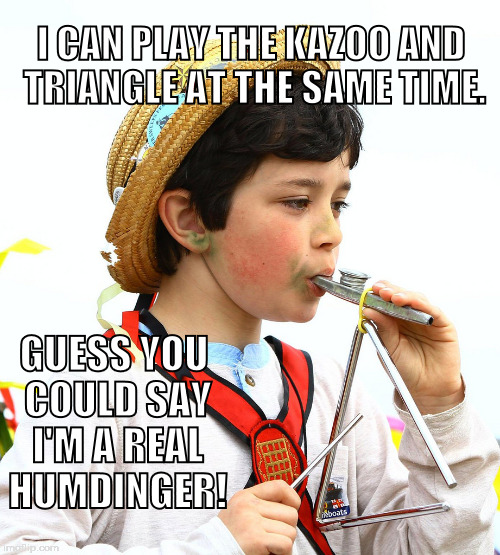 This should generate some buzz! | I CAN PLAY THE KAZOO AND TRIANGLE AT THE SAME TIME. GUESS YOU COULD SAY I'M A REAL HUMDINGER! | image tagged in kazoo,triangle,humdinger | made w/ Imgflip meme maker