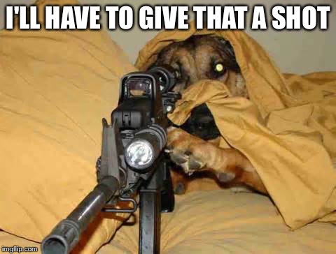 Sniper Dog | I'LL HAVE TO GIVE THAT A SHOT | image tagged in sniper dog | made w/ Imgflip meme maker