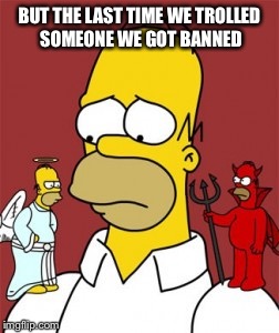 BUT THE LAST TIME WE TROLLED SOMEONE WE GOT BANNED | image tagged in homer simpson | made w/ Imgflip meme maker