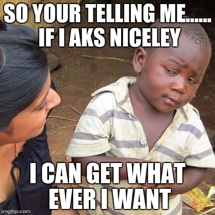 So Your Telling Me...... | SO YOUR TELLING ME...... IF I AKS NICELEY; I CAN GET WHAT EVER I WANT | image tagged in so your telling me | made w/ Imgflip meme maker