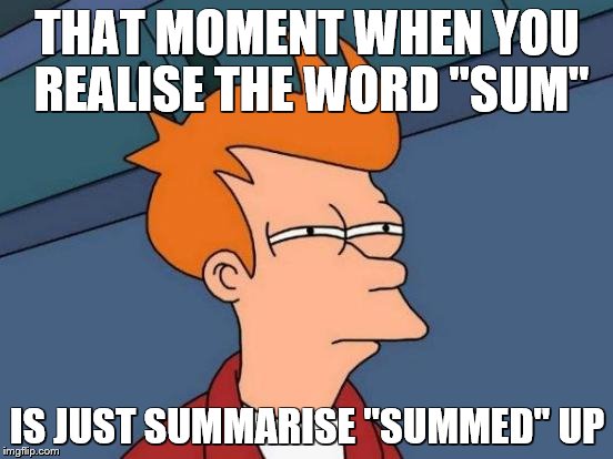 Futurama Fry Meme | THAT MOMENT WHEN YOU REALISE THE WORD "SUM"; IS JUST SUMMARISE "SUMMED" UP | image tagged in memes,futurama fry | made w/ Imgflip meme maker