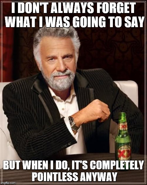 The Most Interesting Man In The World Meme | I DON'T ALWAYS FORGET WHAT I WAS GOING TO SAY; BUT WHEN I DO, IT'S COMPLETELY POINTLESS ANYWAY | image tagged in memes,the most interesting man in the world | made w/ Imgflip meme maker