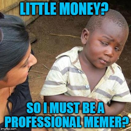 Third World Skeptical Kid Meme | LITTLE MONEY? SO I MUST BE A PROFESSIONAL MEMER? | image tagged in memes,third world skeptical kid | made w/ Imgflip meme maker