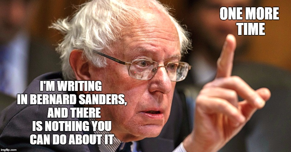 bernie sanders | ONE MORE TIME; I'M WRITING IN BERNARD SANDERS, 

AND THERE IS NOTHING YOU CAN DO ABOUT IT | image tagged in bernie sanders | made w/ Imgflip meme maker