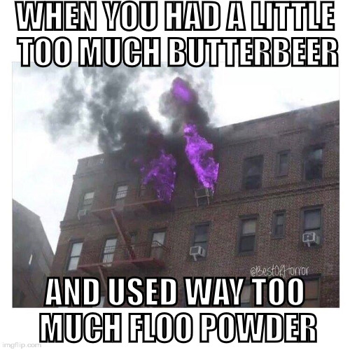  WHEN YOU HAD A LITTLE TOO MUCH BUTTERBEER; AND USED WAY TOO MUCH FLOO POWDER | image tagged in purple flames | made w/ Imgflip meme maker
