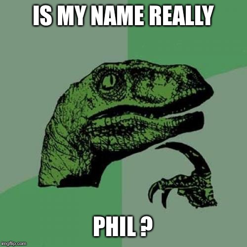 Philosoraptor | IS MY NAME REALLY; PHIL ? | image tagged in memes,philosoraptor | made w/ Imgflip meme maker
