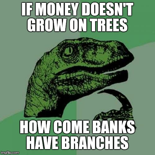 Philosoraptor | IF MONEY DOESN'T GROW ON TREES; HOW COME BANKS HAVE BRANCHES | image tagged in memes,philosoraptor | made w/ Imgflip meme maker