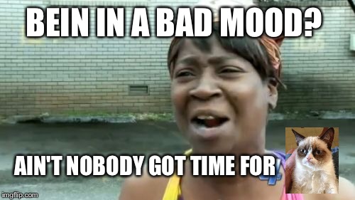 A picture speaks a thousand purrs | BEIN IN A BAD MOOD? AIN'T NOBODY GOT TIME FOR | image tagged in memes,aint nobody got time for that,grumpy cat | made w/ Imgflip meme maker