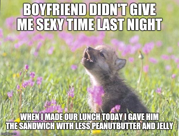Baby Insanity Wolf Meme | BOYFRIEND DIDN'T GIVE ME SEXY TIME LAST NIGHT; WHEN I MADE OUR LUNCH TODAY I GAVE HIM THE SANDWICH WITH LESS PEANUTBUTTER AND JELLY | image tagged in memes,baby insanity wolf | made w/ Imgflip meme maker