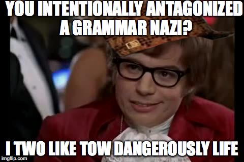 I Too Like To Live Dangerously Meme | YOU INTENTIONALLY ANTAGONIZED A GRAMMAR NAZI? I TWO LIKE TOW DANGEROUSLY LIFE | image tagged in memes,i too like to live dangerously,scumbag | made w/ Imgflip meme maker