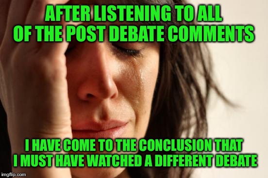 What the heck..... | AFTER LISTENING TO ALL OF THE POST DEBATE COMMENTS; I HAVE COME TO THE CONCLUSION THAT I MUST HAVE WATCHED A DIFFERENT DEBATE | image tagged in memes,first world problems | made w/ Imgflip meme maker