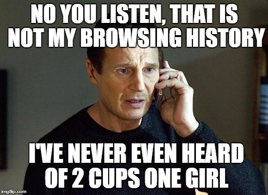 Liam Neeson Taken 2 | NO YOU LISTEN, THAT IS NOT MY BROWSING HISTORY; I'VE NEVER EVEN HEARD OF 2 CUPS ONE GIRL | image tagged in memes,liam neeson taken 2 | made w/ Imgflip meme maker