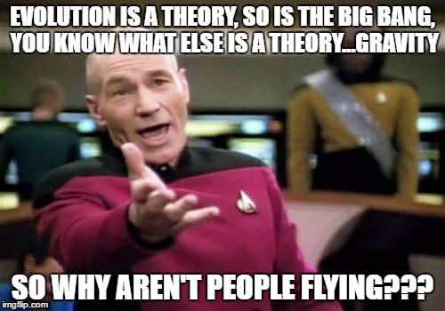 Picard Wtf Meme | EVOLUTION IS A THEORY, SO IS THE BIG BANG, YOU KNOW WHAT ELSE IS A THEORY...GRAVITY; SO WHY AREN'T PEOPLE FLYING??? | image tagged in memes,picard wtf | made w/ Imgflip meme maker