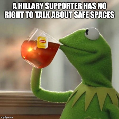 But That's None Of My Business Meme | A HILLARY SUPPORTER HAS NO RIGHT TO TALK ABOUT SAFE SPACES | image tagged in memes,but thats none of my business,kermit the frog | made w/ Imgflip meme maker