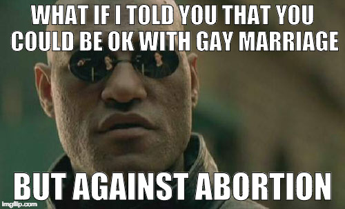 Too left for the right and too right for the left | WHAT IF I TOLD YOU THAT YOU COULD BE OK WITH GAY MARRIAGE; BUT AGAINST ABORTION | image tagged in matrix morpheus,abortion,gay marriage,donald trump,hillary clinton,bacon | made w/ Imgflip meme maker