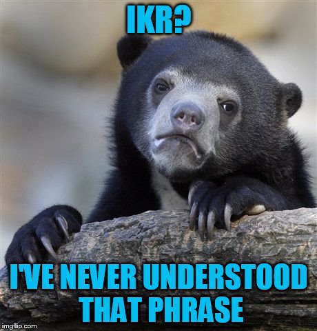 Confession Bear Meme | IKR? I'VE NEVER UNDERSTOOD THAT PHRASE | image tagged in memes,confession bear | made w/ Imgflip meme maker