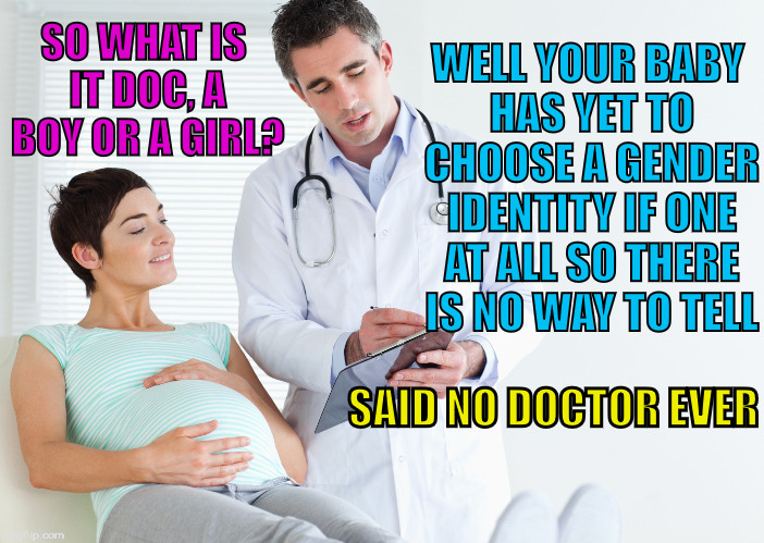 WELL YOUR BABY HAS YET TO CHOOSE A GENDER IDENTITY IF ONE AT ALL SO THERE IS NO WAY TO TELL; SO WHAT IS IT DOC, A BOY OR A GIRL? SAID NO DOCTOR EVER | image tagged in gender identity,transgender,liberal logic | made w/ Imgflip meme maker